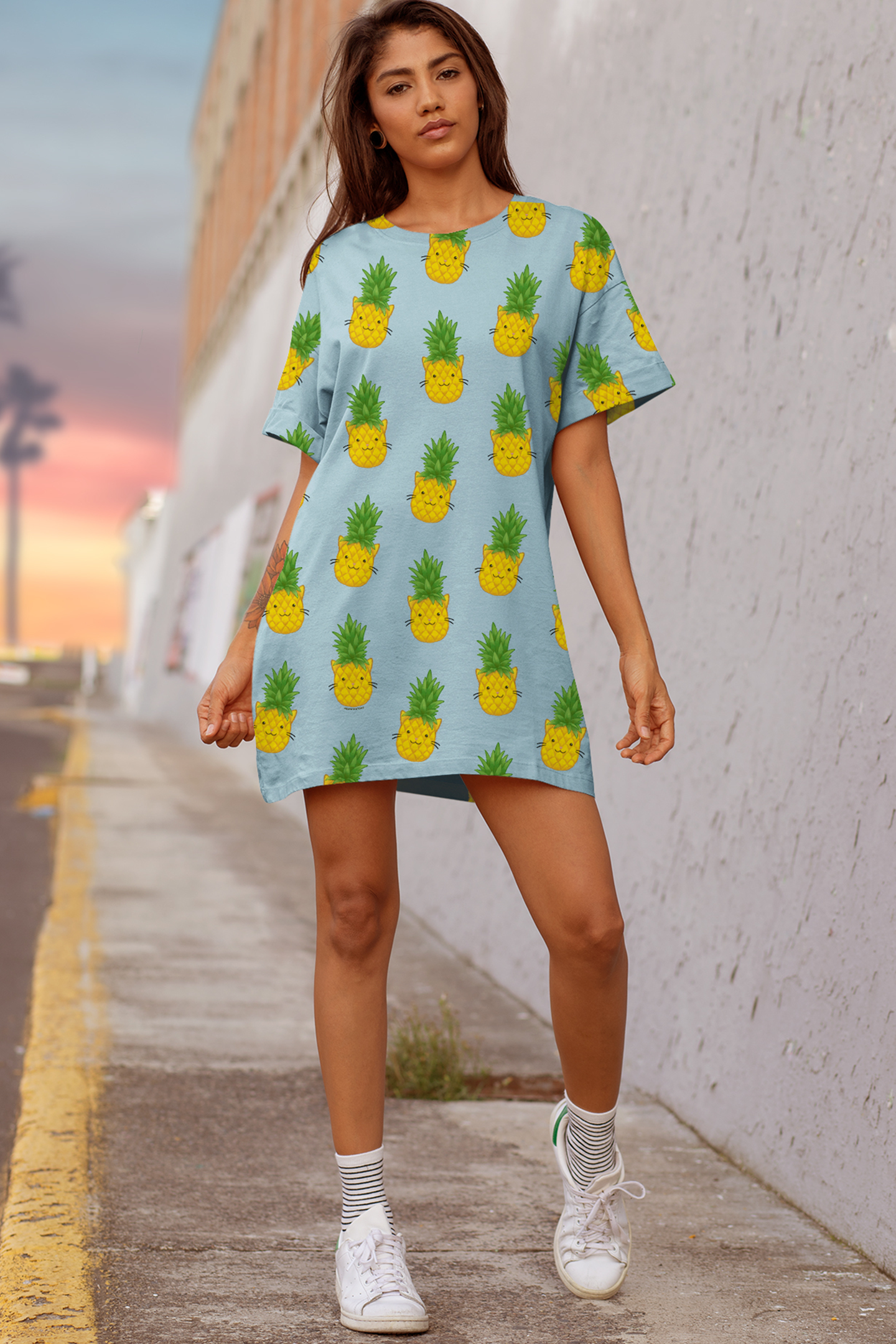 Tropical Pineapple Cat T-Shirt Dress